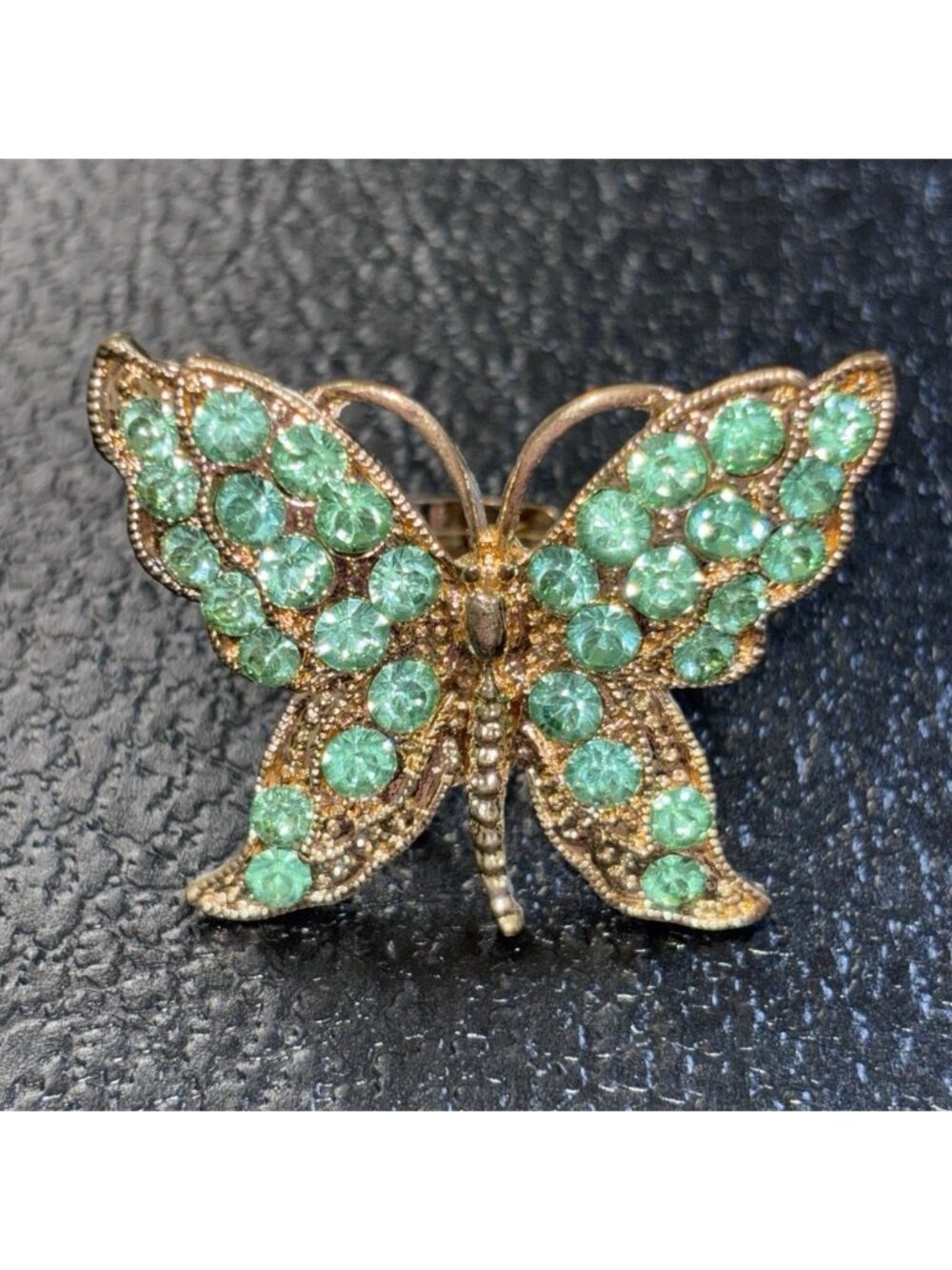 Butterfly Ring Gold Tone Green Glass Rhinestone Adjustable Stretch Band